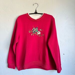Studio Works Vintage Christmas Sweatshirt Embroidered Holiday Birds Large P EUC‎